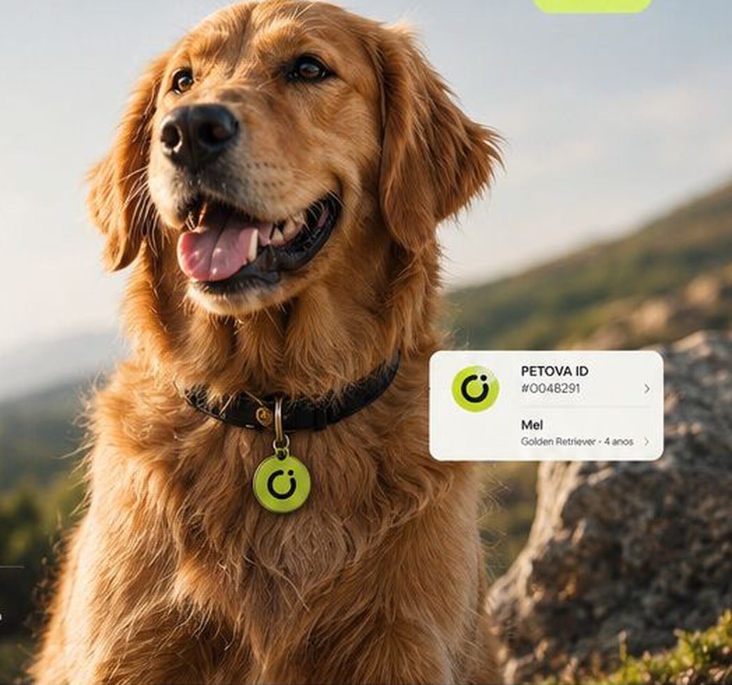 Golden Retriever Mel usando a tag oficial PETOVA ID